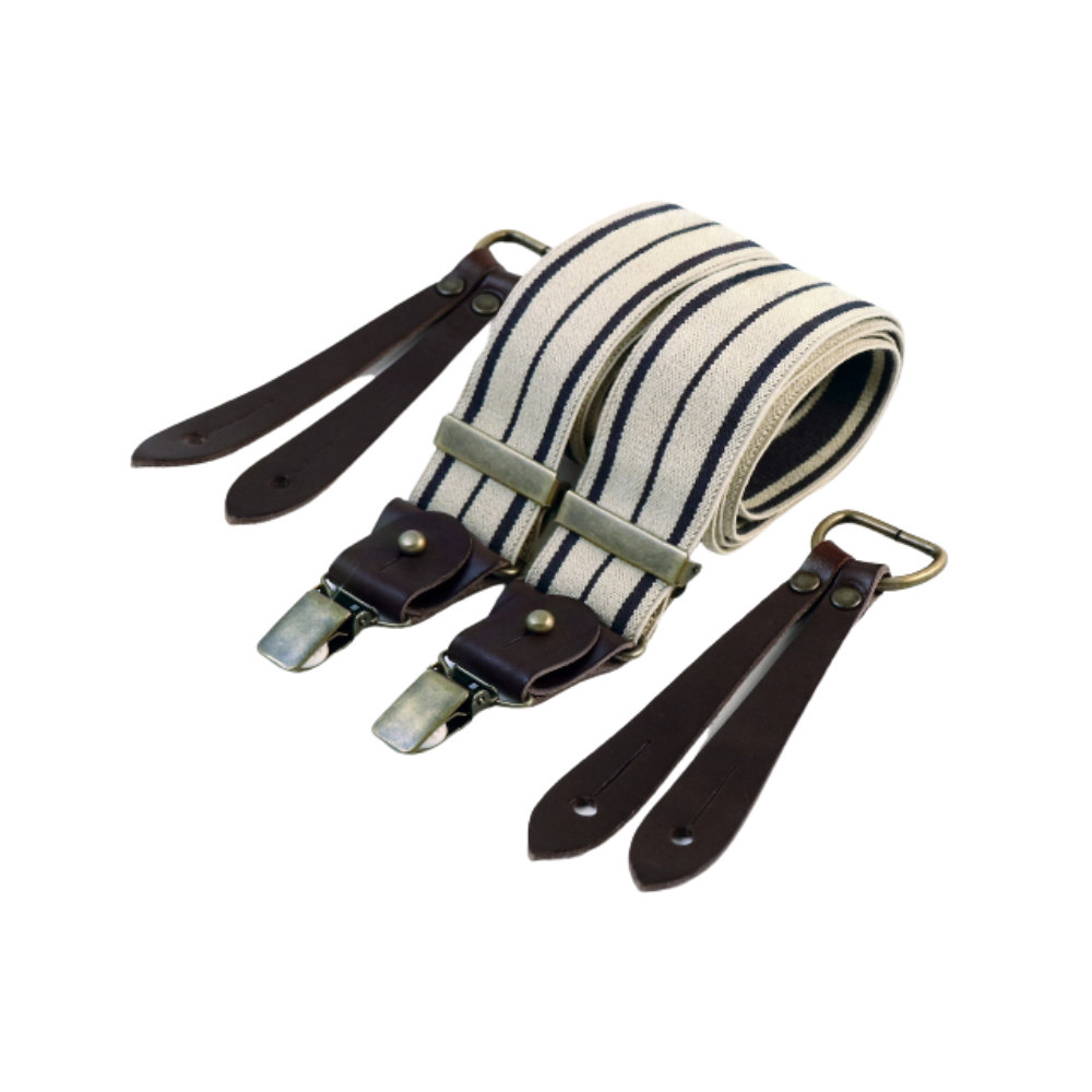 Bretelles larges Selvedge cuir buffalo - Rayure bleu marine sur écru