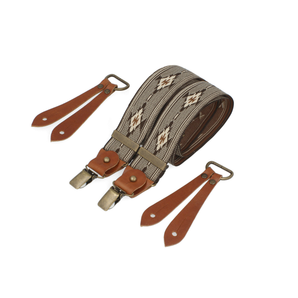 Bretelles larges Selvedge cuir cognac - Motif Aztèque